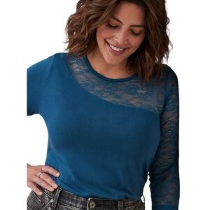Torrid Super Soft Asymmetrical Lace Pieced Crew Neck Top Plus Size 4X Teal
